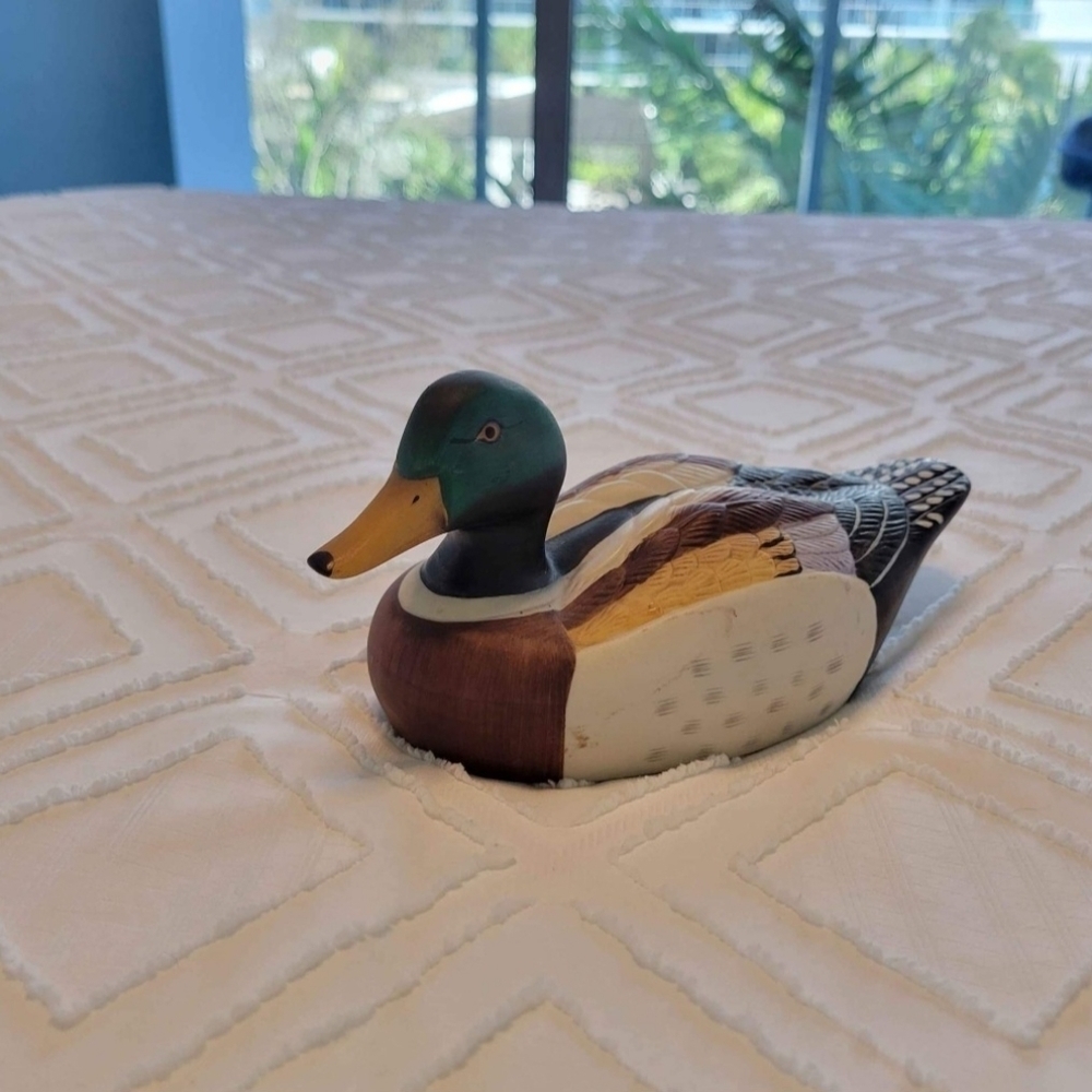 Mallard Duck Figurine, Bisque Porcelain Hand Painted Emerald Green